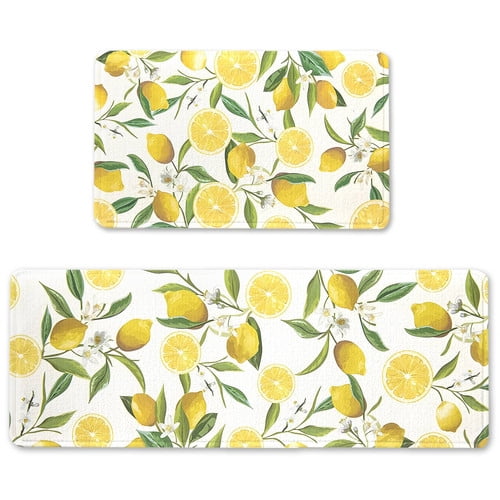 Lemon Kitchen Rugs and Mats Set of 2 Kitchen Decor Decoration Farmhouse Style Non Skid Slip and Washable Anti Fatigue Runner Rugs White
