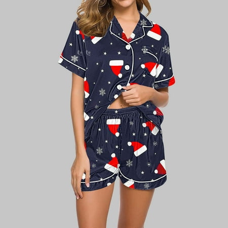 Cavosen Christmas Women's Pajama Sets Shorts with Top 2 Piece Xmas Cute Santa Hat Snowflake Print Pjs Outfits with Pocket Button down Collared Short Sleeve Shirt Pants Sleepwear Soft Nightwear