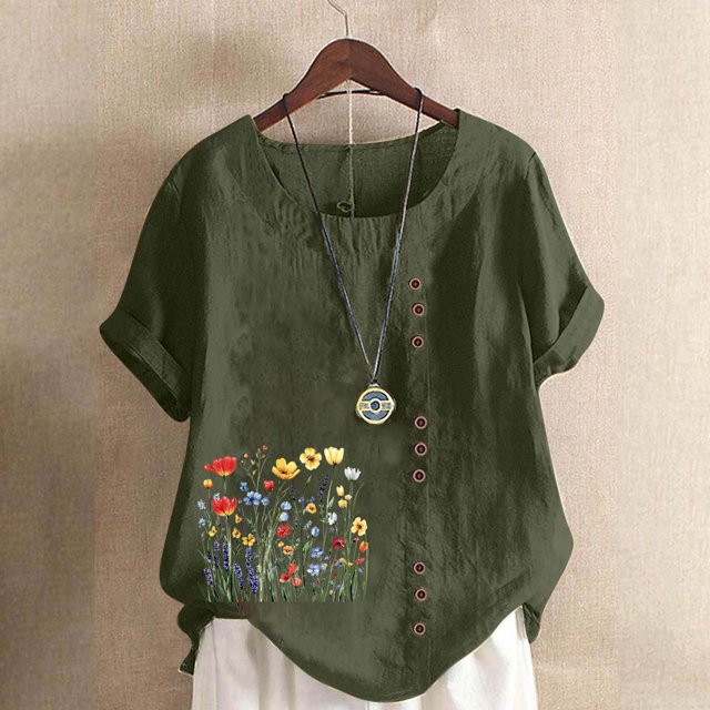 Xuyuer Women Crew Neck Short Sleeve Basic Tunic Tee Shirts Tops Blouse Tunic, Tee Shirts Tops Loose Fit, Linen Blouse for Women Comfy Casual Regular Linen T-shirt Blouse
