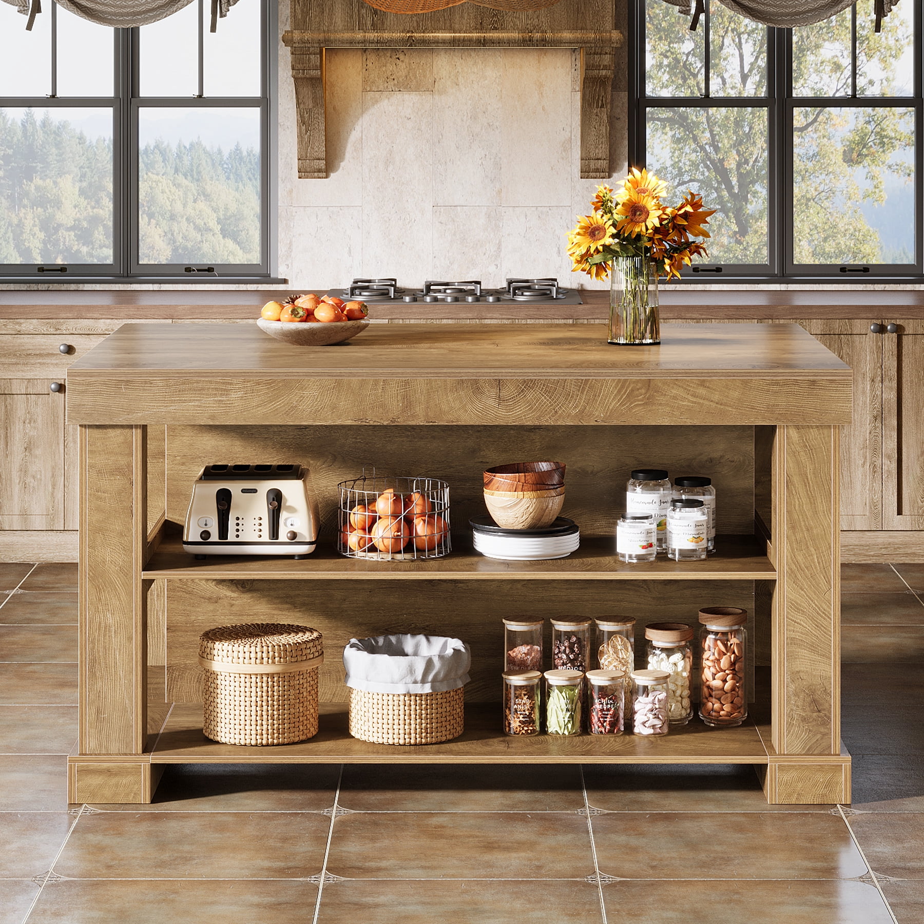 Finmind 55-inch Kitchen Island with 3 Storage Shelves, Large Farmhouse Kitchen Shelf with Spacious Worktop, Natural Brown (Easy to Assemble)