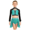 thumbnail image 3 of Haitryli Kids Girls Two Piece Ballet Lyrical Dance Outfit Long Sleeve Shiny Rhinestone Crop Top with Ruched Skirt Blue Green 14, 3 of 4