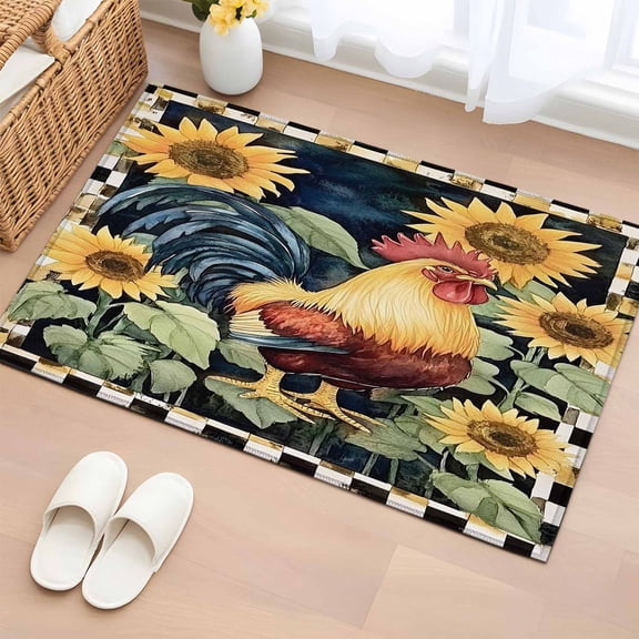 Sunflower Retro Rooster Bathroom Rug Washable 2x3 Entryway Rug Non Slip Farmhouse Animals Watercolor Front Door Mat Low Pile Indoor Doormat Throw Floor Carpet for Kitchen Bedroom Entrance