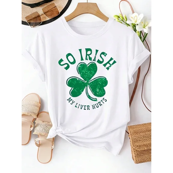 Four-Leaf Clover Print Women Round Neck Sports T-Shirt Casual Fashionable Elegant Retro Top Adult Short Sleeve Multi-Color Available S-XXL