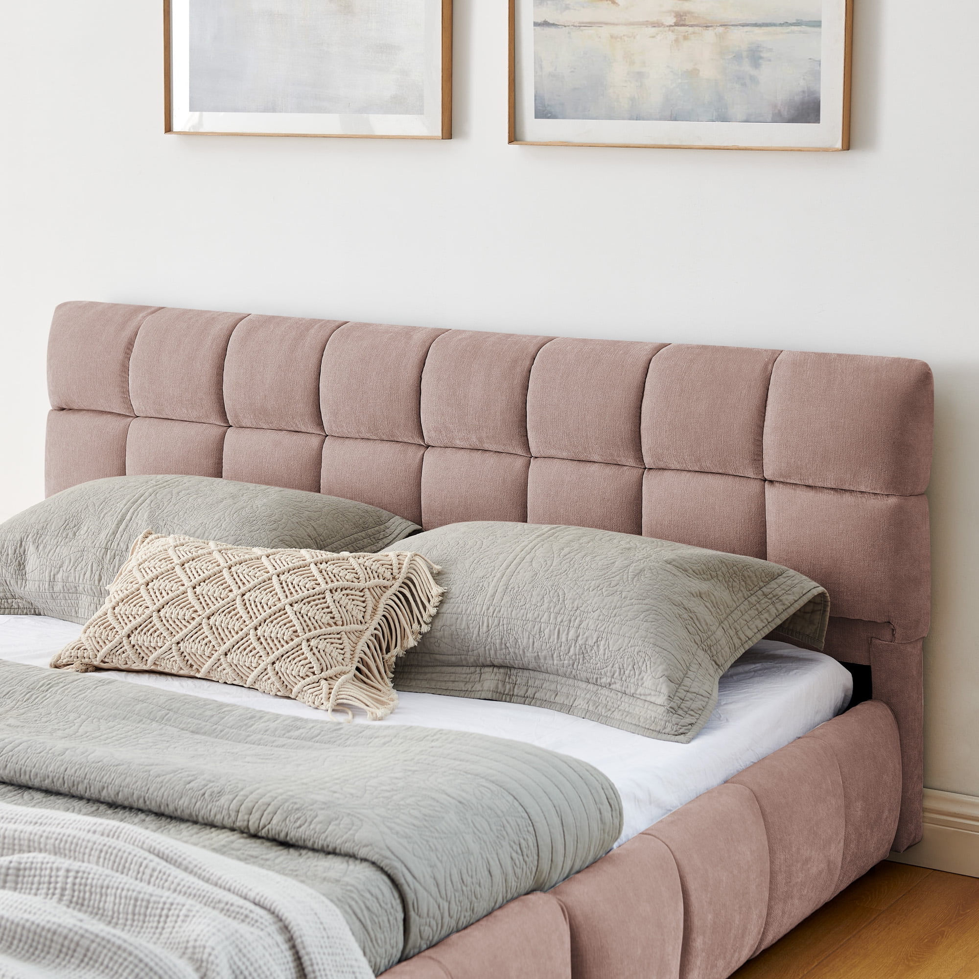 Modern Pink Wood Frame Queen Chenille Upholstered Platform Bed with Headboard & 4 Drawers