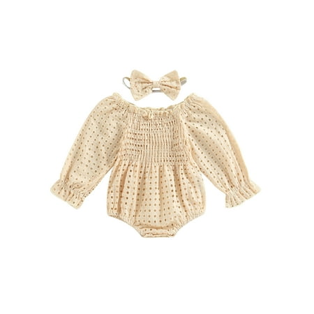 

Newborn Baby Girl Rompers Hollowed Pleated Long Sleeve Off-shoulder Bodysuit + Hairband Infant Fall Outfits