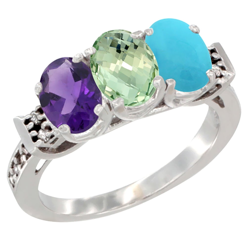 10K White Gold Natural Amethyst, Green Amethyst & Turquoise Ring 3-Stone Oval 7x5 mm Diamond Accent, sizes 5 10 by WorldJewels