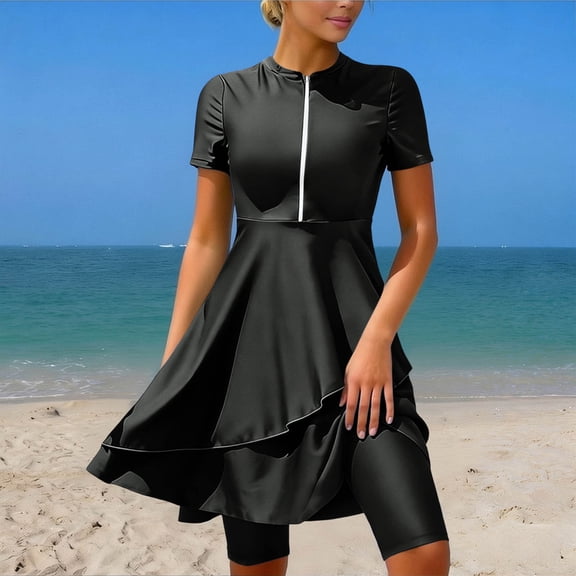 LEKWK Womens Swim Dress with Shorts Short Sleeve One Piece Bathing Suits Zipper Front Modest Swimming Dress
