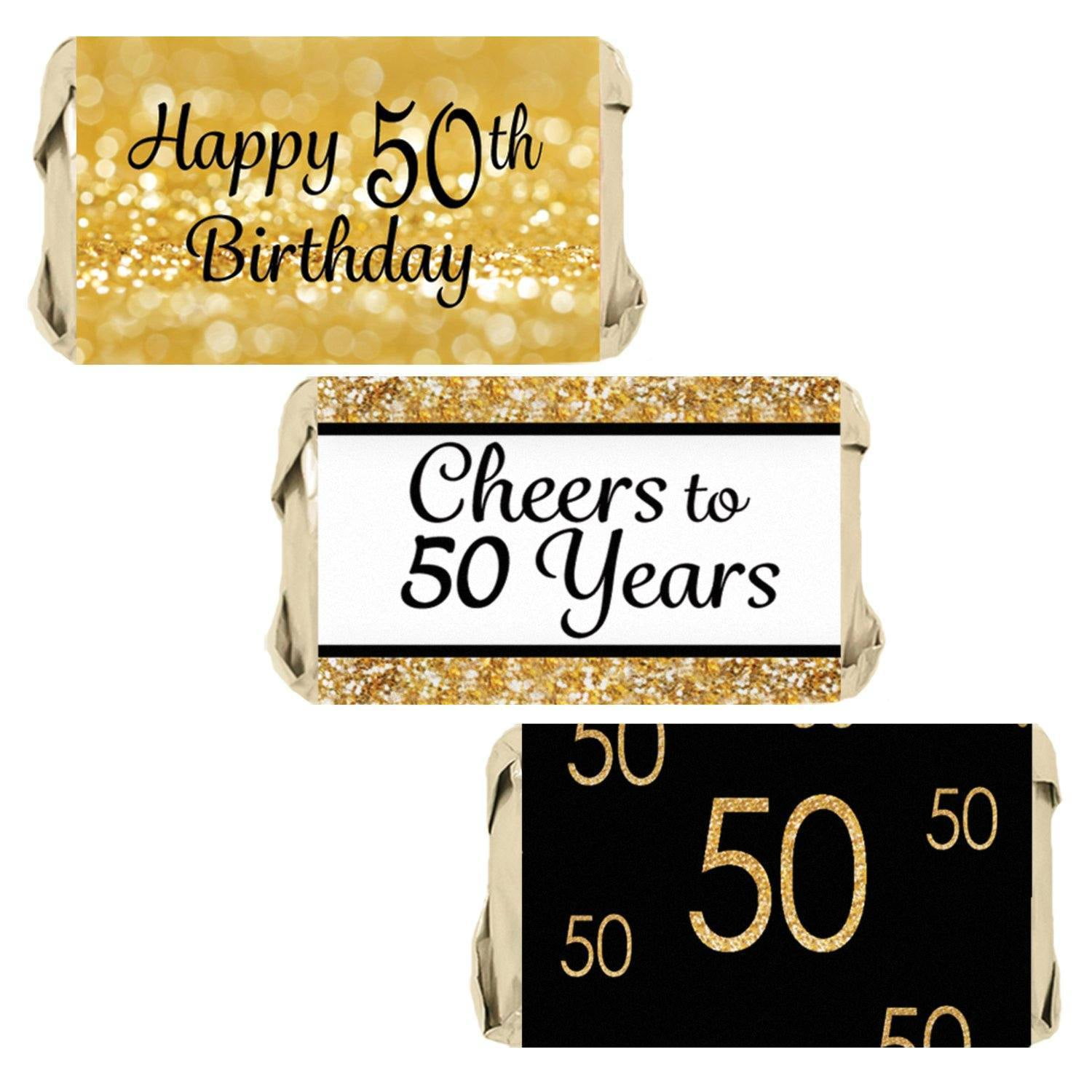 50th Birthday Party Miniatures Candy Bar Wrapper Stickers - Gold and Black (Set of 45)