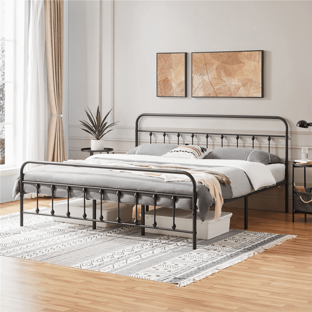 Smile Mart Metal Bed Frame With High Headboard And Footboard 