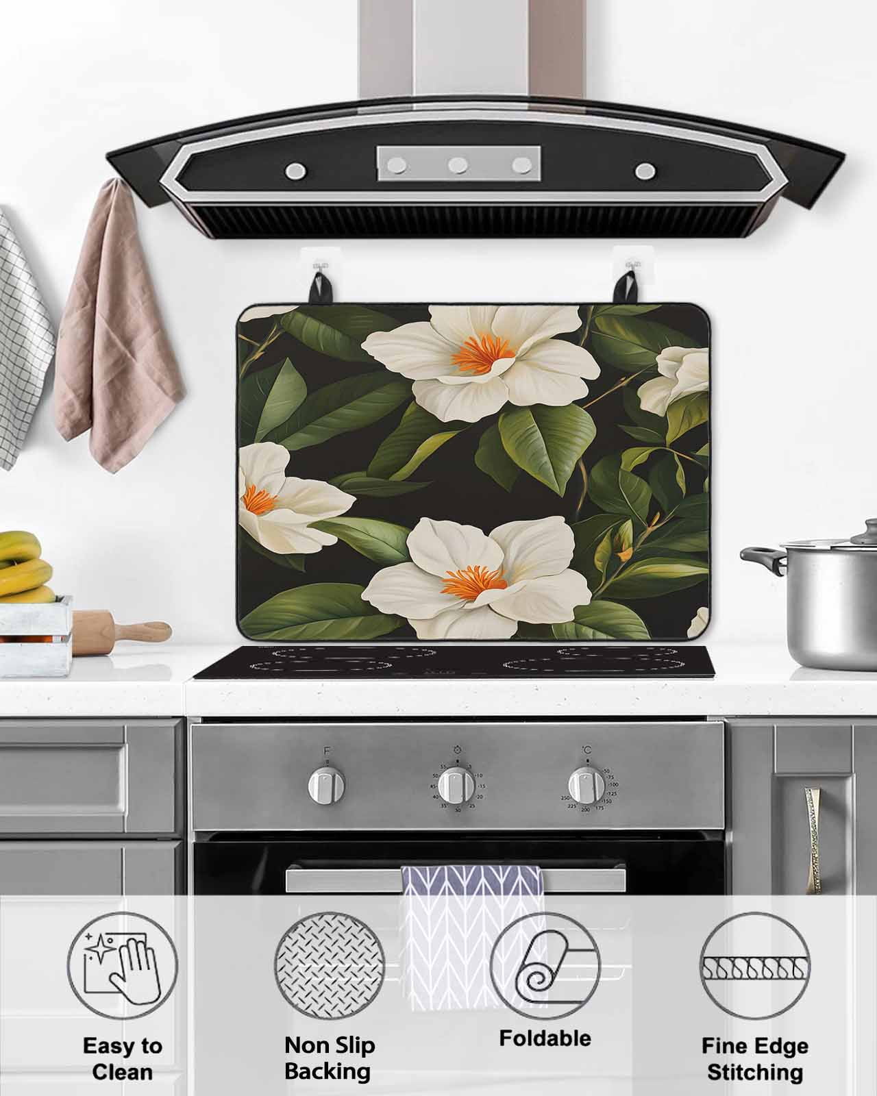 nqOlkjepod Large Induction Cooktop Protector Mat 24"x21", Flower Floral Stove Top Covers for Electric Stove, Modern Summer Plant Green Palm Leaves Stove Burner Cover Mats, Glass Top Stove Cover