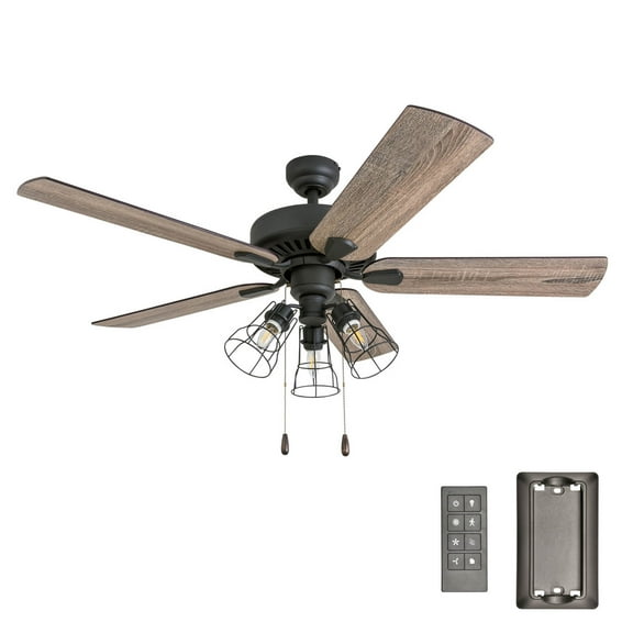 Prominence Home Inland Seas 52" Bronze Farmhouse Ceiling Fan with 5 Blades, 3 Arm Cage Light Kit, Remote & Reverse Airflow