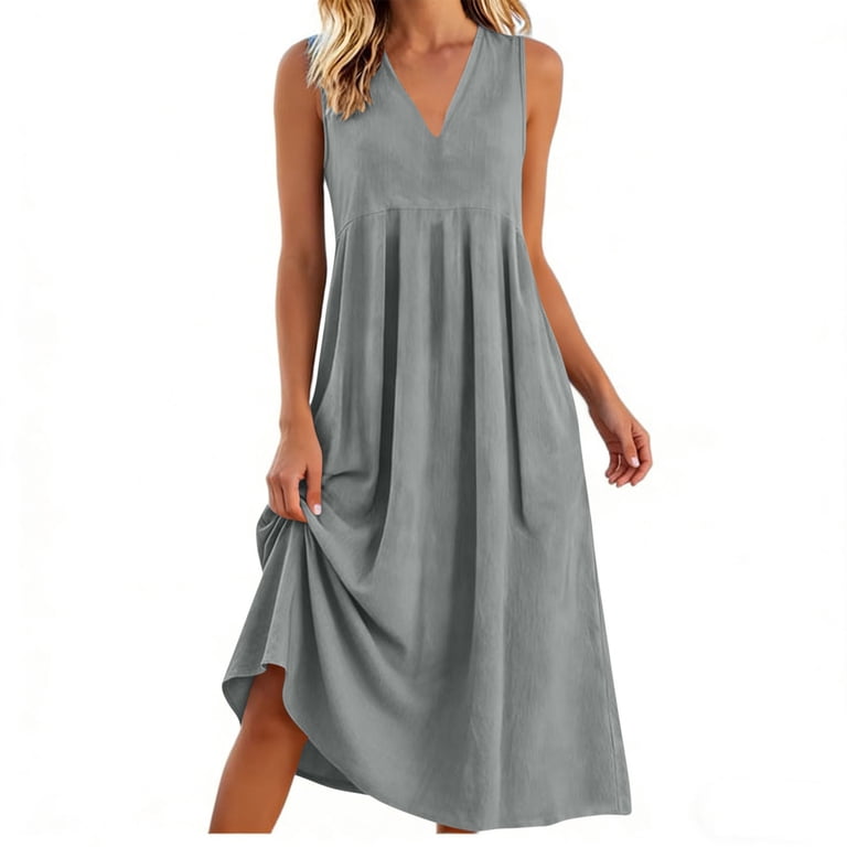 Lenago Maxi Dress for Women Sleeveless Flowy Maxi Casual Long Dresses with Pockets Flared Hem Elastic Strap Summer Beach Fashion Maxi Dress for Party