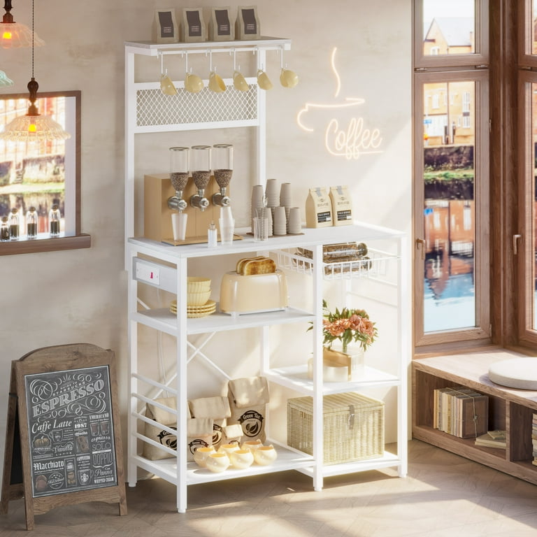 IRONCK Kitchen Bakers Rack Microwave Stand Storage Shelf with Power Outlet and S Hooks Industrial White