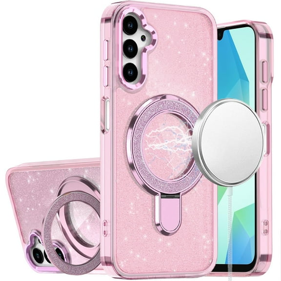 For Samsung A16 5G Transparent Glitter Rotaional Magnetic Ring Stand HQ Hybrid - Light Pink