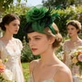 thumbnail image 2 of Green Pillbox Fascinator Headband for Women Vintage Hat for Weddings Tea Party with Feathers Mesh Clip, 2 of 6