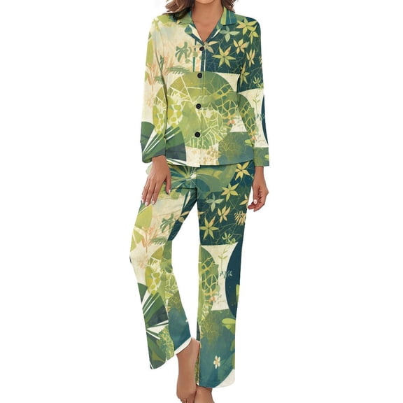 PoBuds Women's Long Sleeve Flannel Pajama Set Sleepwear Plant Geometry M