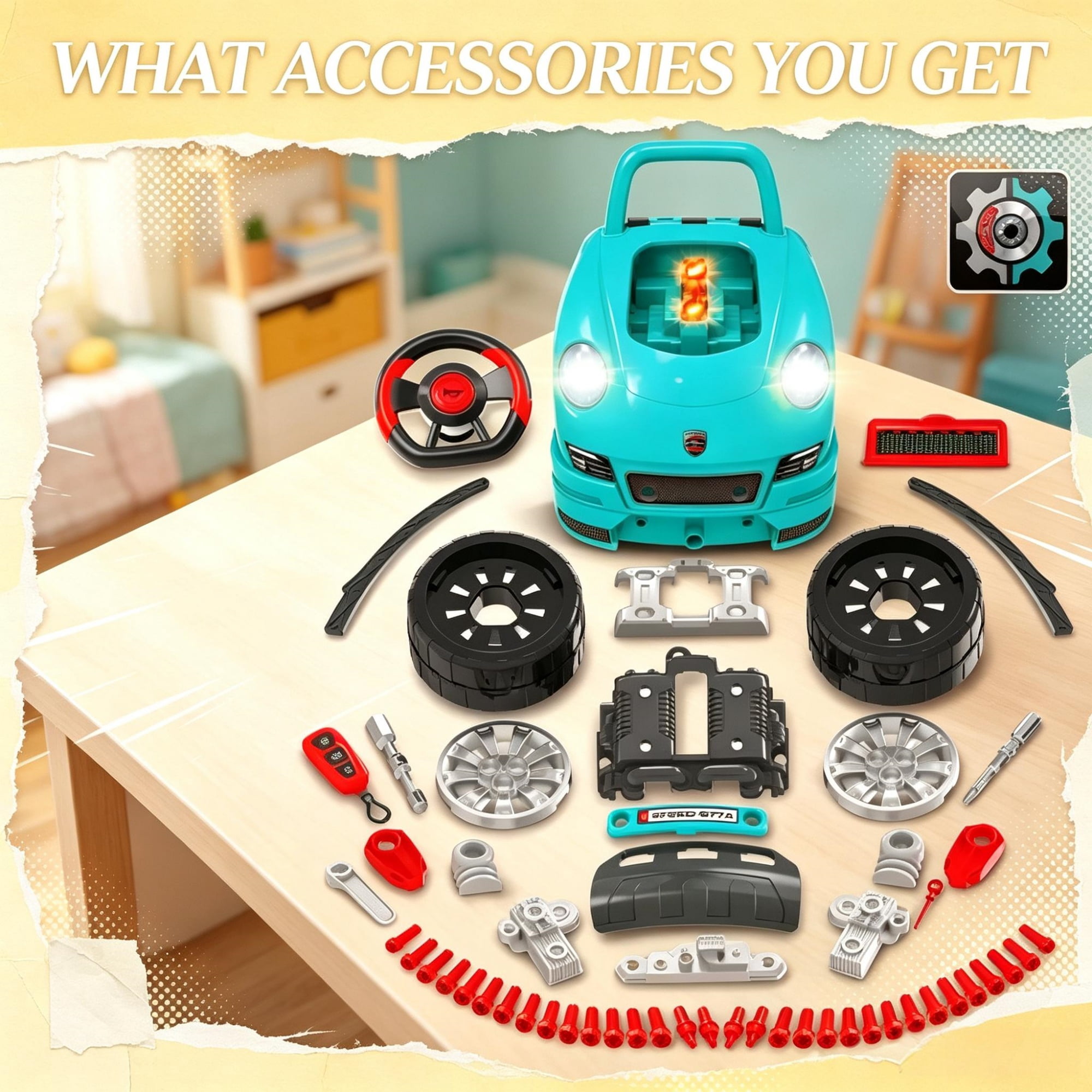 Kids Mechanic Truck Engine Toy Set, Interactive Car Service Play Set for Toddlers, Teal