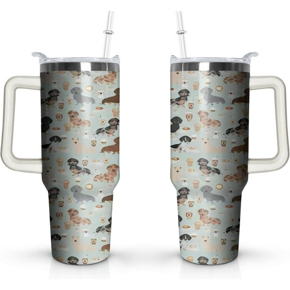 Dachshund Tumbler Gifts Dog Floral Tumbler with Straw and Handl 40 oz Double Wall Stainless Steel Vacuum Insulated Coffee Wine Tea Travel Cup Dachshund Gifts for Women