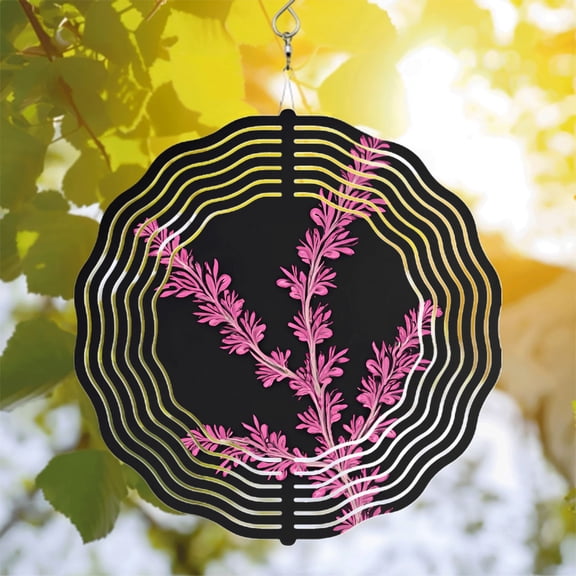 Metal Hanging Wind Spinners with Concentric White Waves & Pink Plant Design - Stunning Garden Decor for Yard & Outdoor Spaces