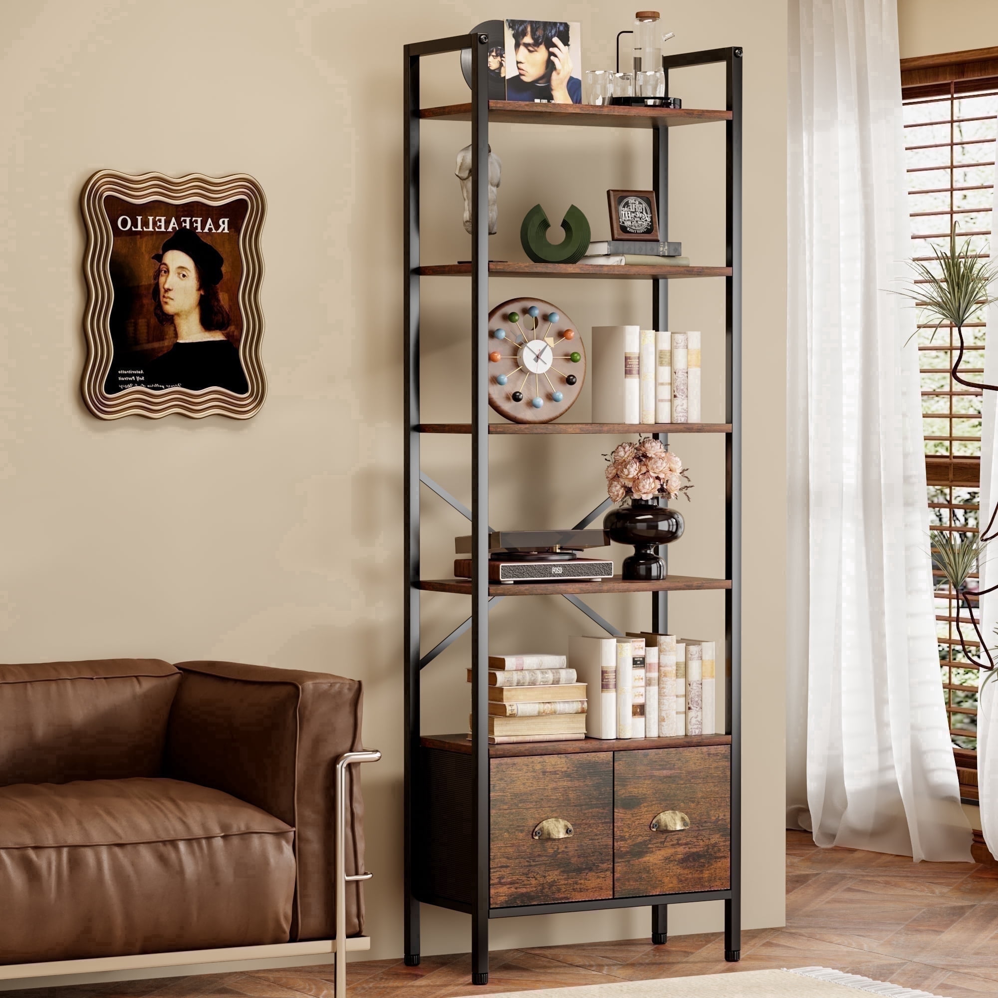 BEHOST 6-Tier Storage Rack Bookshelf with 2 Fabric Drawers, Tall Metal Frame bookcase for living room and Office, Rustic Brown