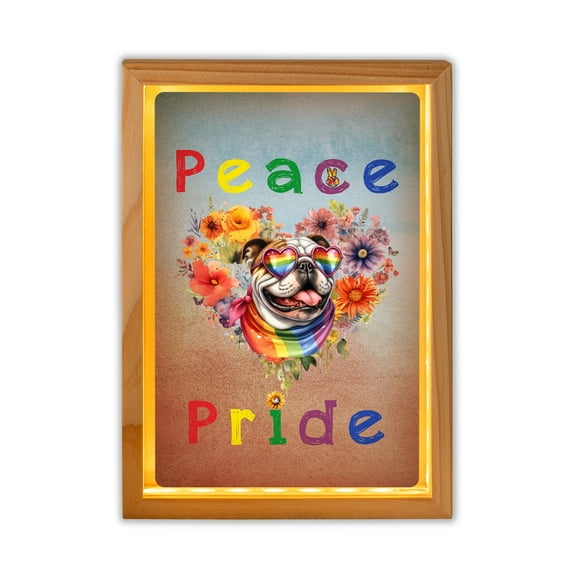 Peace Love Pride Bulldog with Rainbow Sunglasses LGBT LGBTQ  Acrylic Plaque with Wood Photo Frame Box Dog Lover Gifts Idea Light Box - 01004