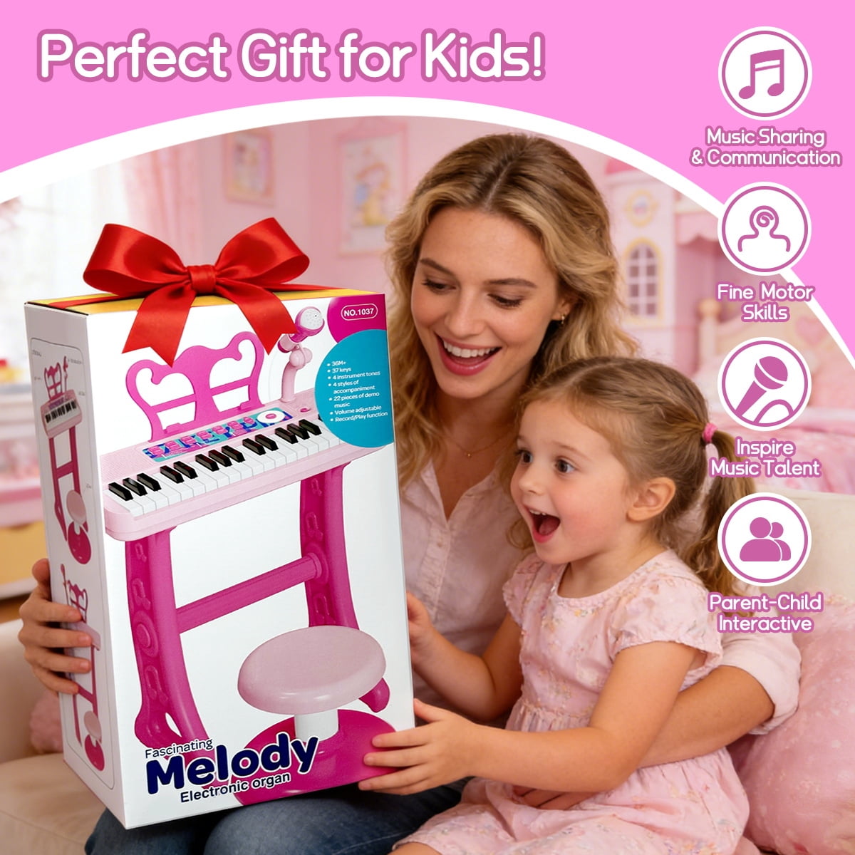 WLBES Piano Toy, Toddler Keyboard, 37 Keys Toddler Keyboard Piano with Stand, Stool & Music Sheet, Ideal Birthday Gift for 3-9 Year Old Kids Musical Instrument Toy, Party Performance Prop