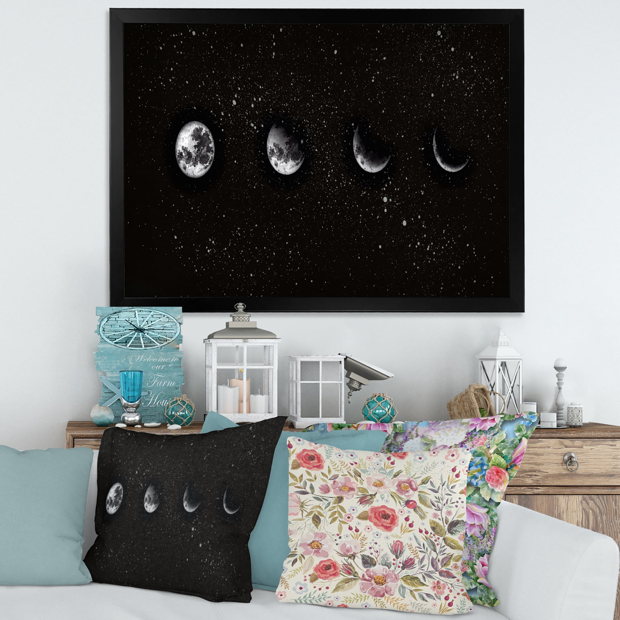 Designart 'The Night Sky With Moon Phases' Modern Framed Art Print