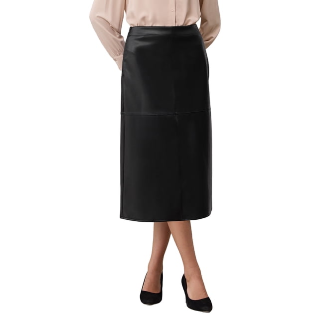Falda de cuero sintético para mujer INSPIRE CHIC, cintura alta, casual de negocios, longitud hasta la rodilla, S, negro