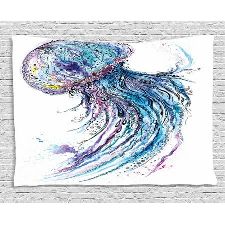 Ocean Style Decor Jellyfish Tapestry, Aqua Colors Art Ocean Animal Print Sketch Style Creative Sea Marine Theme, Wall Hanging for Bedroom Living Room Dorm Decor, 80W X 60L Inches, Blue Purple White, by Ambesonne ()