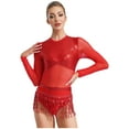 thumbnail image 2 of Xnihocha Women's Sequin Latin Dance Dress Tassel Jazz Dance Leotard Long Sleeve Ballroom Dancewear Red 14, 2 of 6