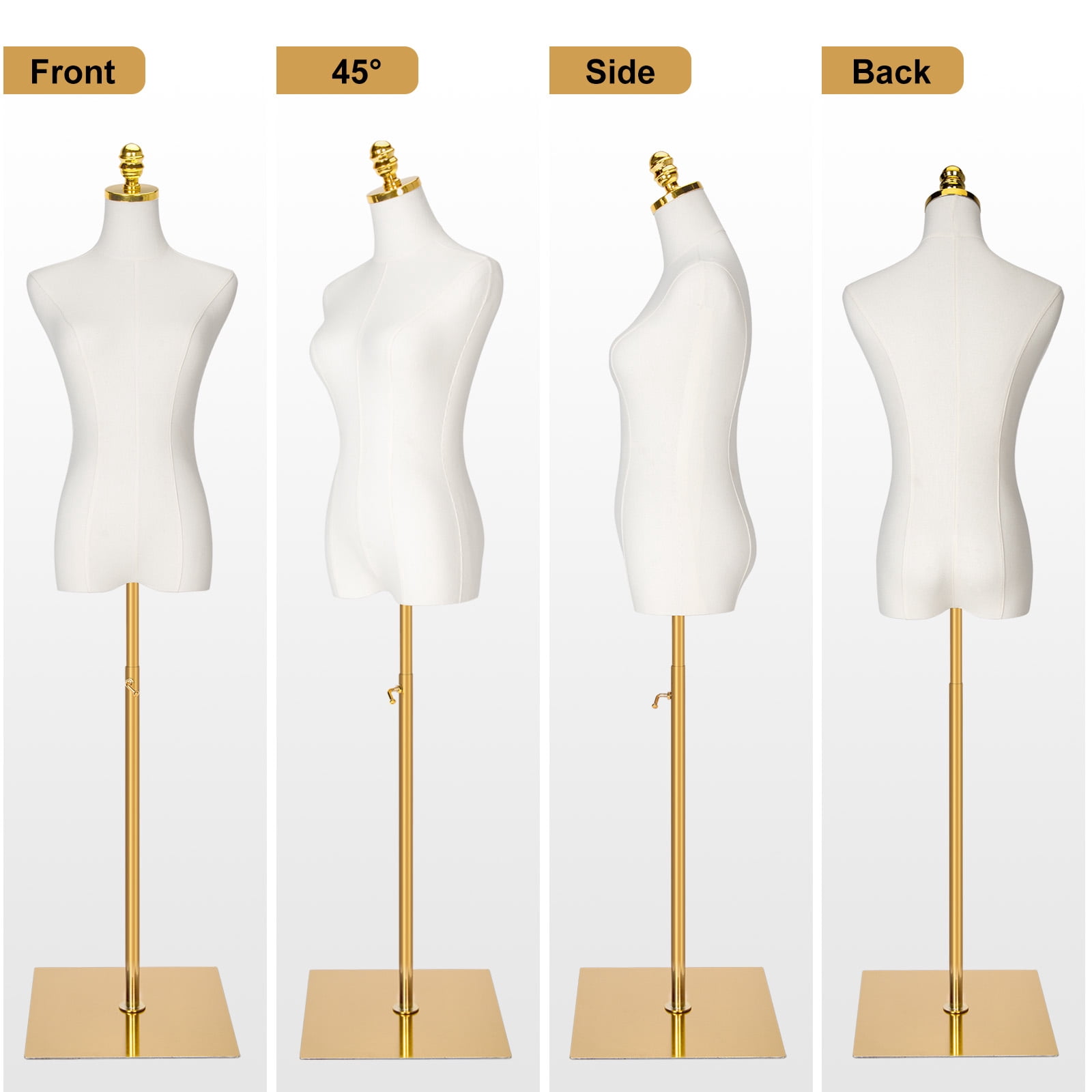 Female Mannequin Torso Dress Form - Mannequins Body Manikin Torso with Metal Base , 40-73 Inch Height Adjustable Female Gold Clothes Mannequin, White
