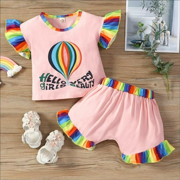 YEEDISON Toddler Girl Outfits Summer Girls Clothing Sets Letter Colorful Rainbow Balloon Flying Sleeve Tops short Pants Kids Clothes for 18M-6Y