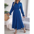 thumbnail image 7 of Women Casual Solid Color Turn-Down Collar Long Dresses Button Flare Sleeves Hundred Pleats Dress, 7 of 7
