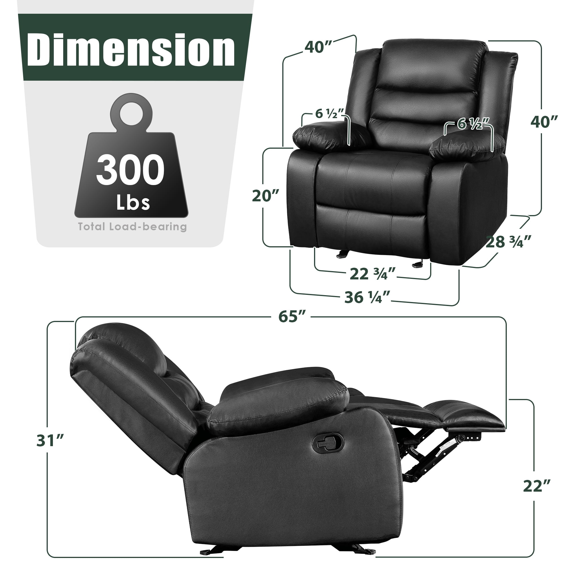 TrumanPick Manual Recliner Chair for Adults, Lazy Boy Rocker Recliner Overstuffed Glider Recline Sofa Chair for Living Room,Black