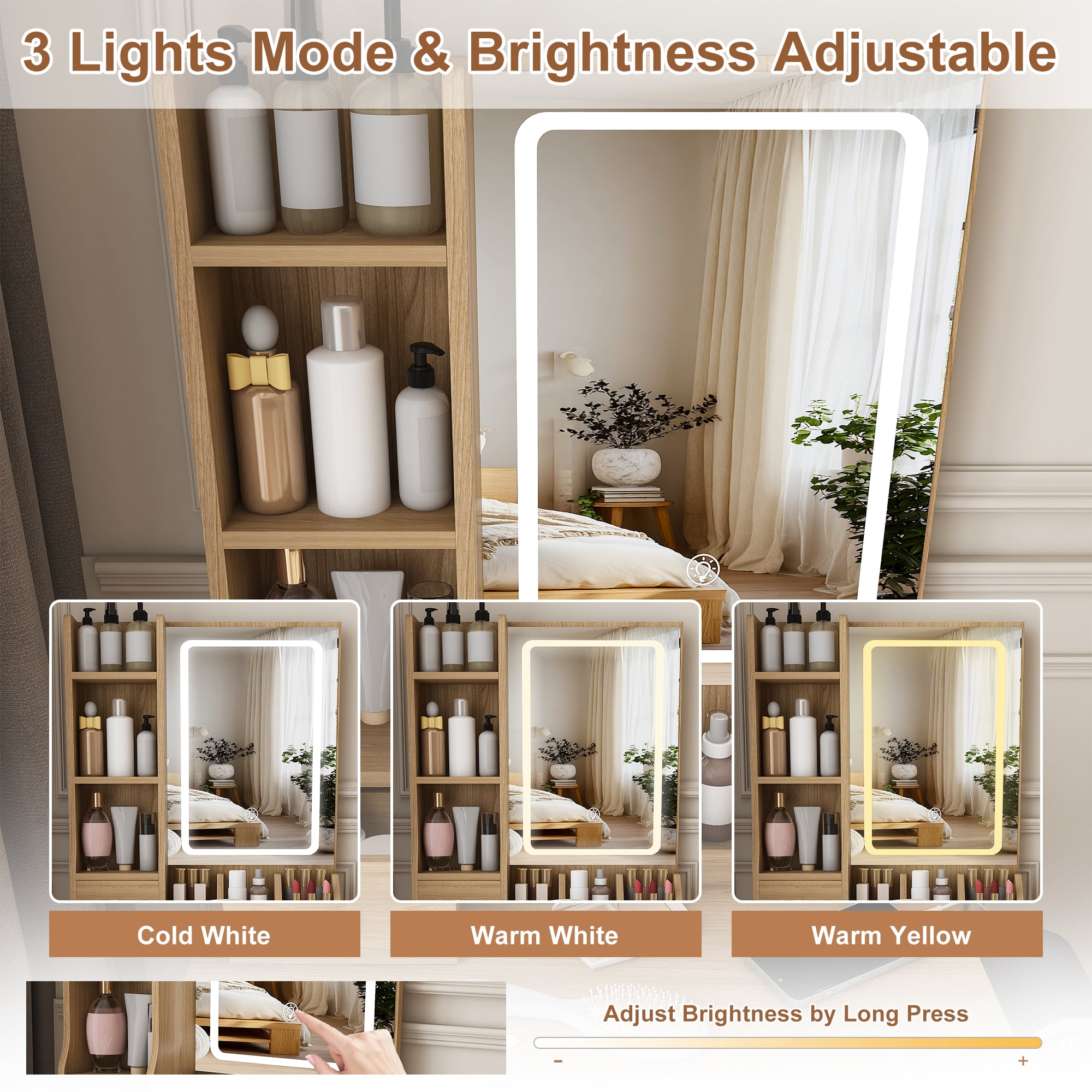 Mintazer Makeup Vanity Table with LED Lighted Mirror, Charging Station & Hair Dryer Holder, Dressing Table with Padded Stool & 5 Drawers Open Storage Shelves for Bedroom, Natural