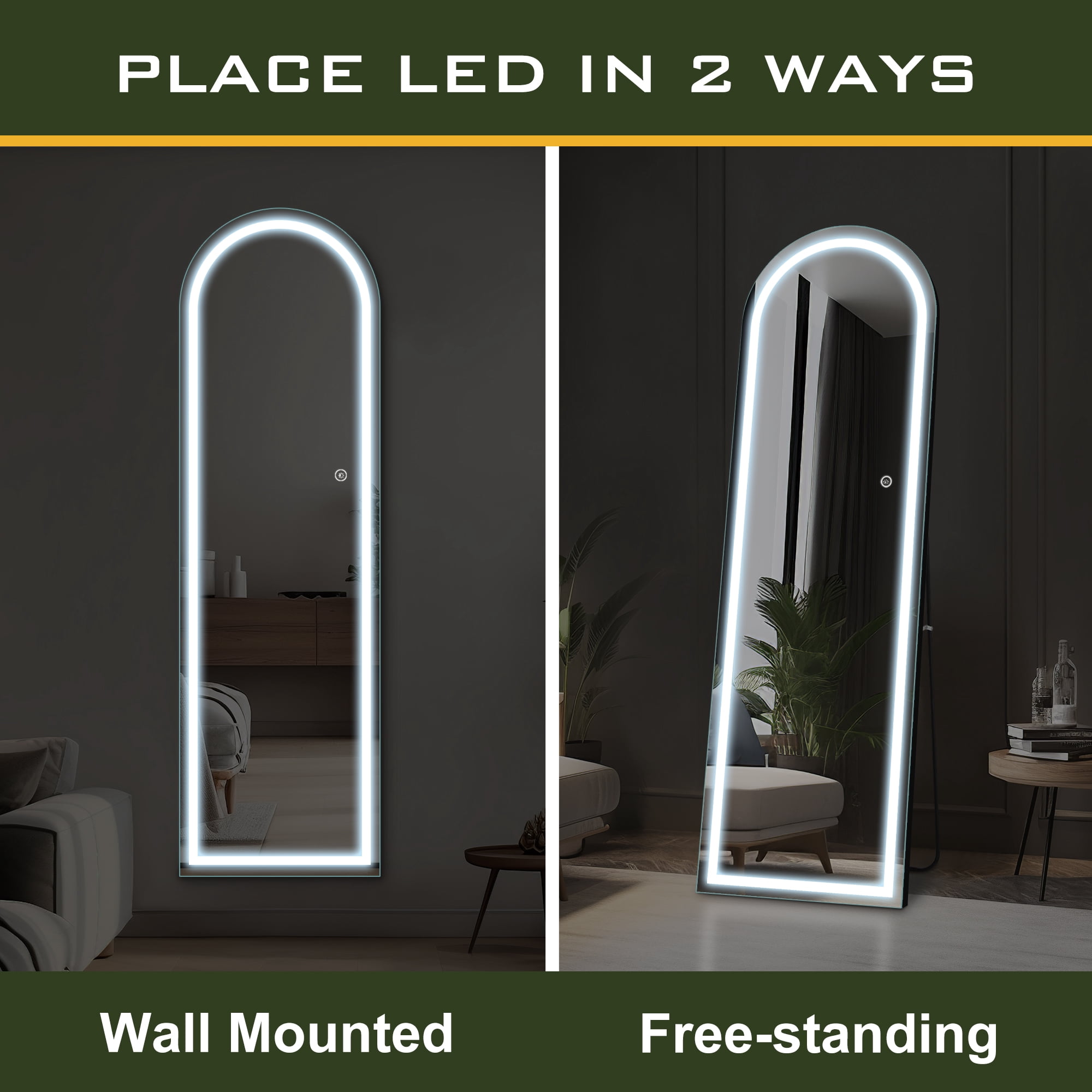 63"x20" Modern Arched Right Angle LED Full Length Mirror Floor Mirror with Bracket,Black