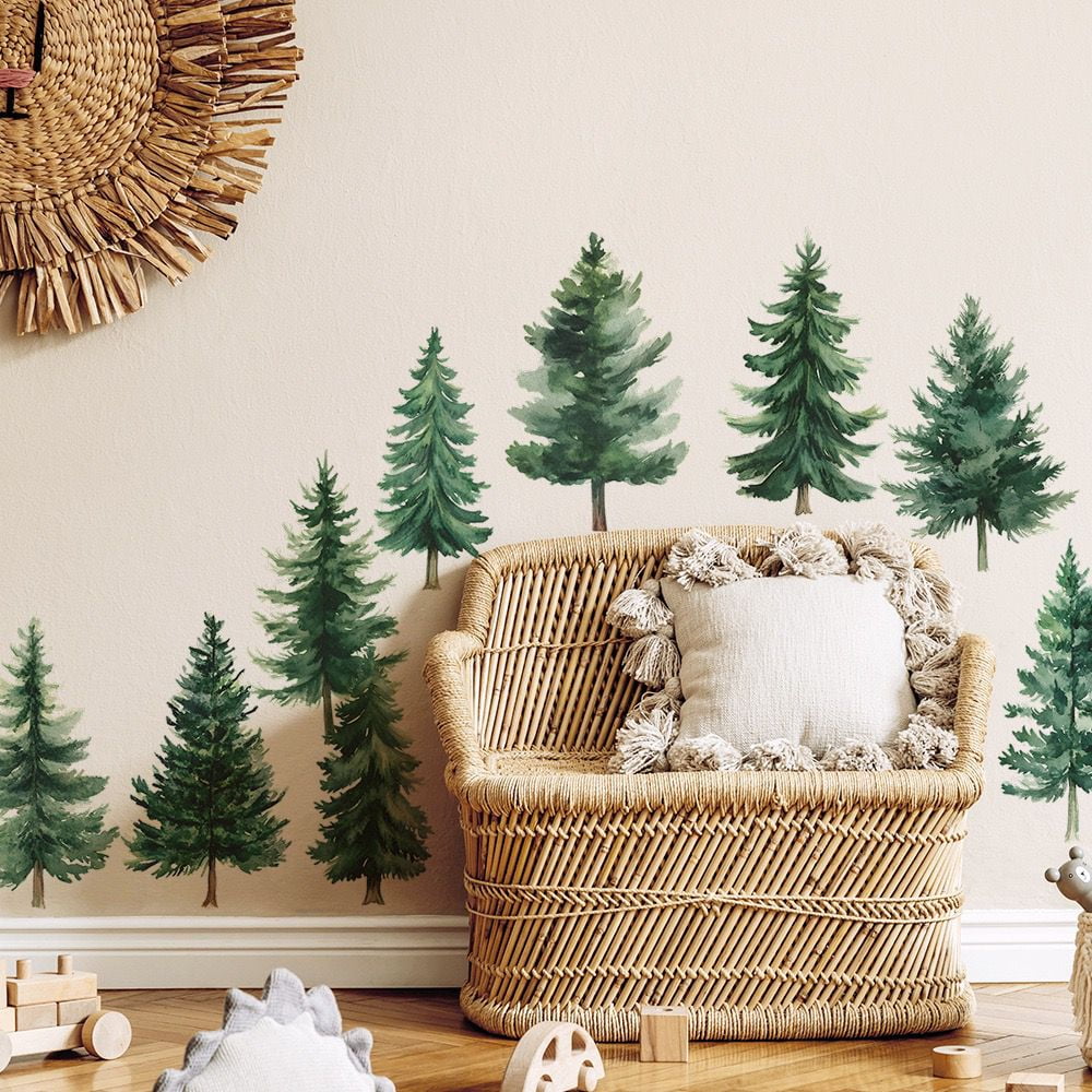 Watercolor Pine Tree Wall Decals Green Pine Tree Wall Sticker Large Tree Wall Decals Nature Woodland Forest Tree Wall Stickers for Nursery Bedroom Living Room Decor Peel and Stick