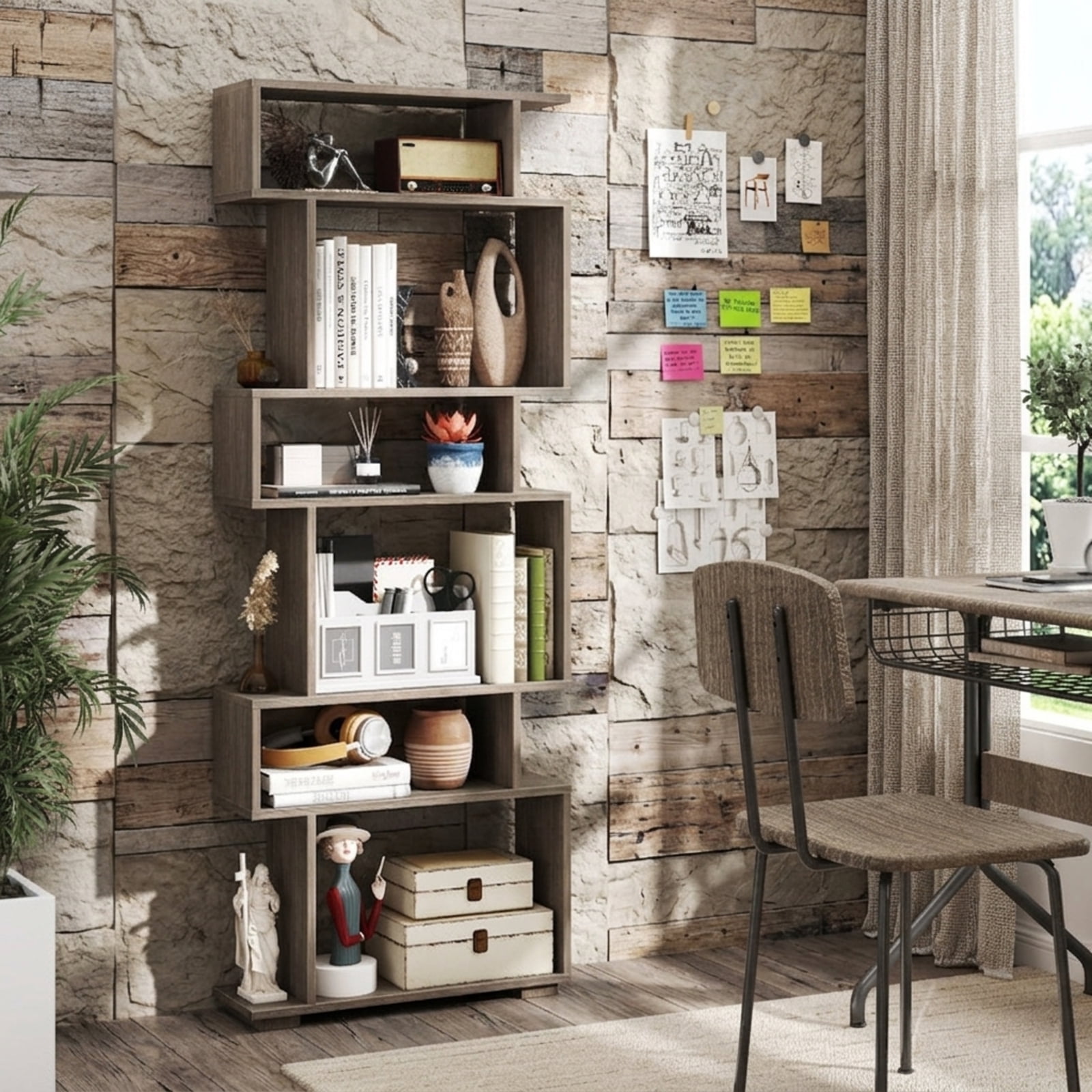 Furnibear 6-Tier Geometric Bookshelf with 2 Anti-Tipping Kits for Home Office for Living Room Home Office Bedroom Display Storage Shelf, Oak
