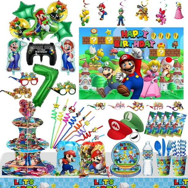 Decoraciones para fiestas de cumpleaños de juegos de Super Mario, globos de látex y aluminio para baby shower de niños, vajilla desechable, gorros de fondo, figuras de anime de juguete