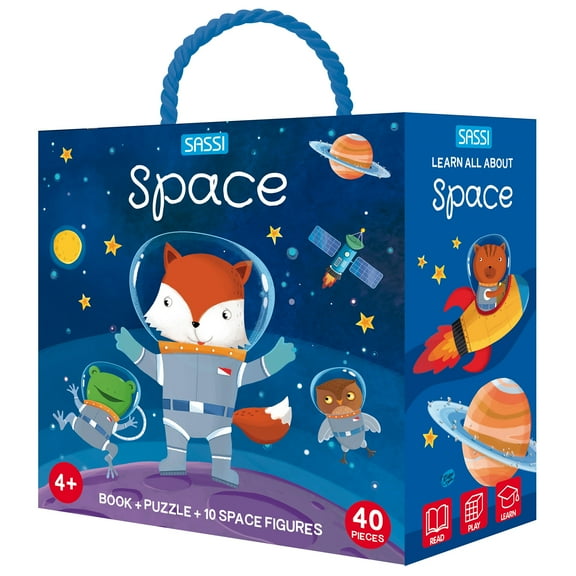 Sassi: Q-Box - Space - Read-Play-Learn Galaxy Set, 40pc Puzzle, Booklet, 10 Outer Space Figures, Storage Box, Interactive Educational Fun, Kids 4 