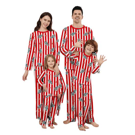 Onlypjs Family Matching Christmas Pajamas – Red & White Striped Holiday Candle and Pine Tree Print Long Sleeve Top & Pants for Women, Men