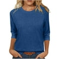 thumbnail image 1 of Olyvenn Femmes 2025 T-Shirt à Manches 3/4 Hauts Couleur Unie Été Printemps Mode Col Ras du Cou Blouse Tee Tendance Vêtements Femme Bleu m, 1 of 6