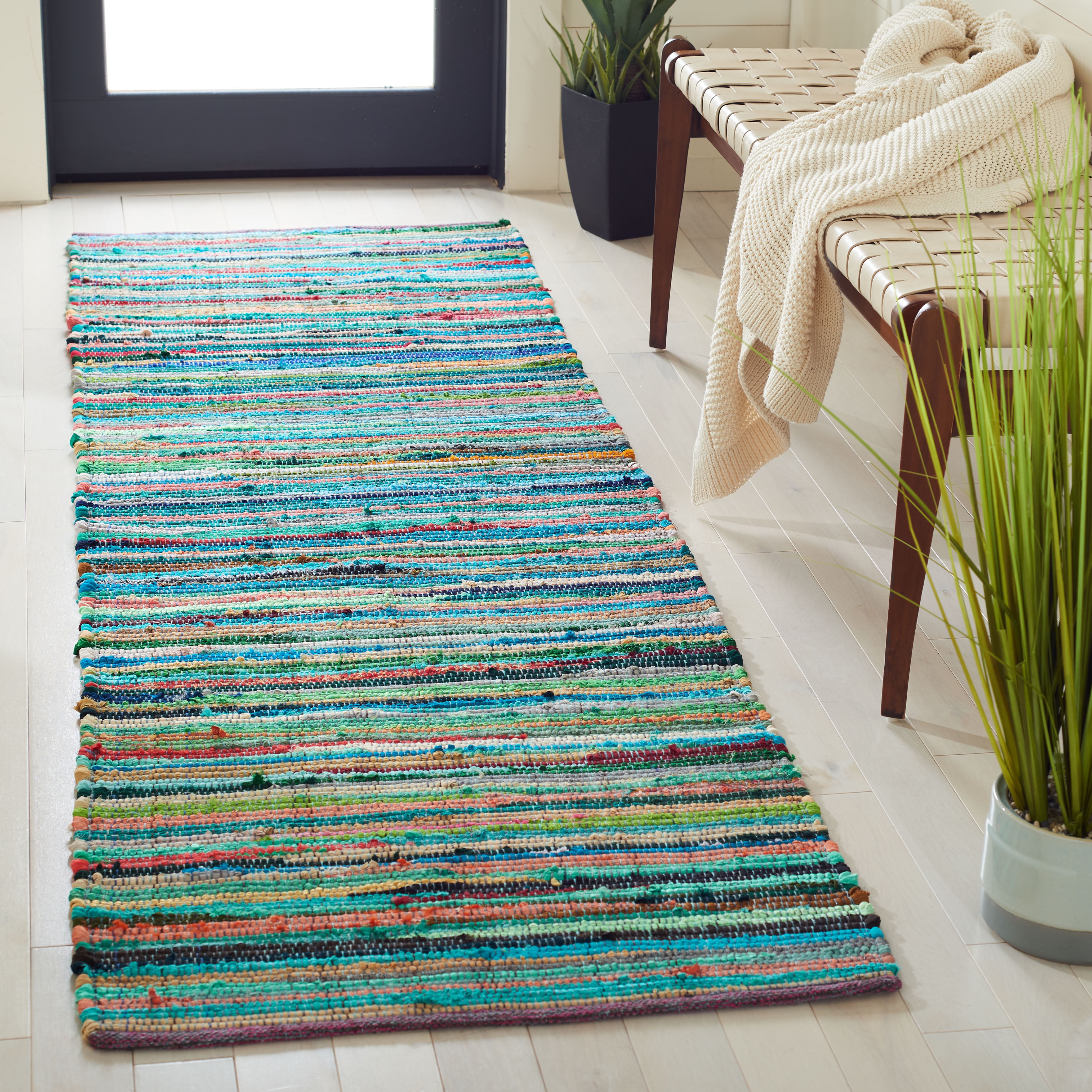 SAFAVIEH Rag Petar Striped Cotton Runner Rug, Green/Multi, 2'3" x 10'