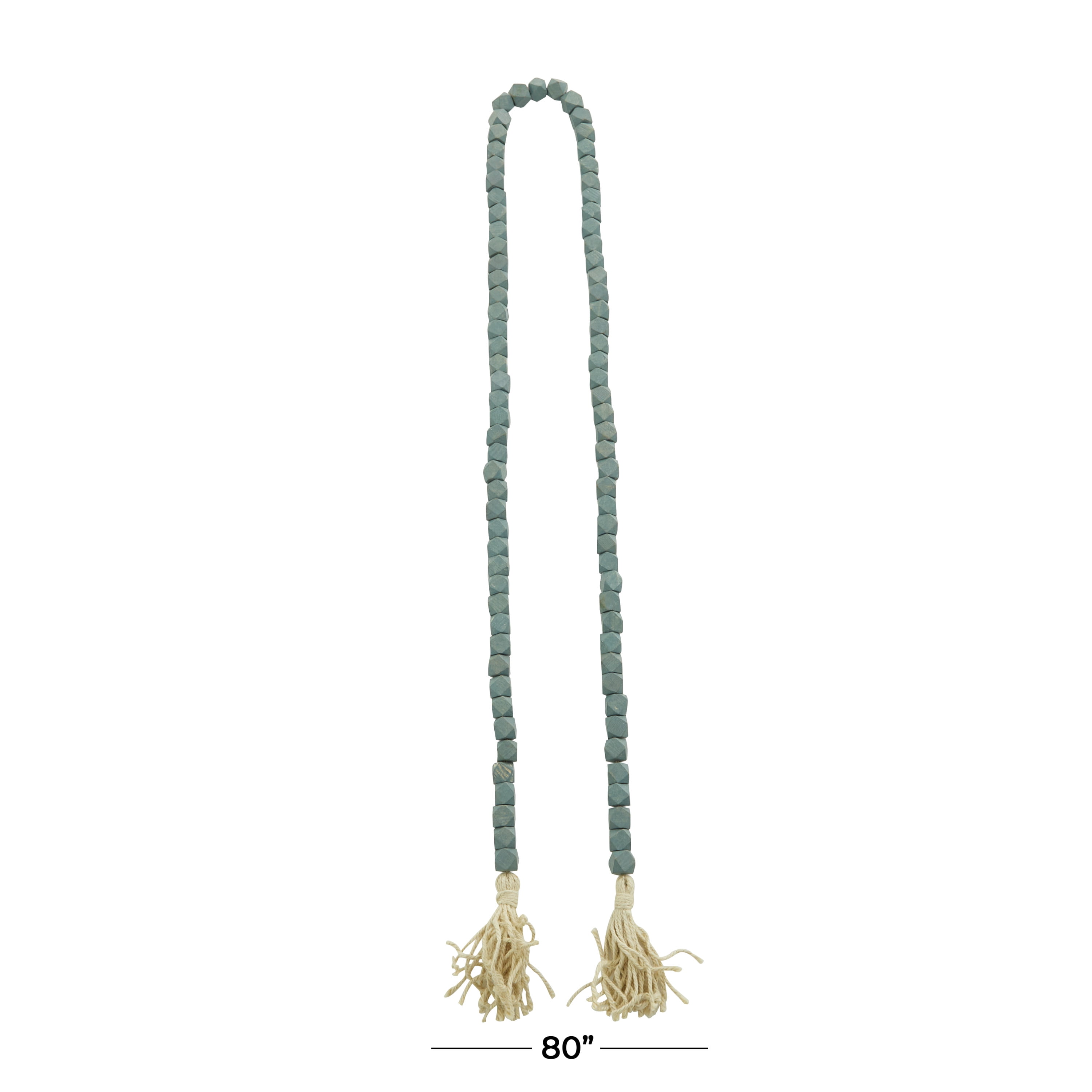 DecMode Blue Wood Bohemian Garland Décor with Geometric Bead Details and Cream Cotton Tassel, 80"L