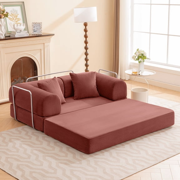 COOLHUT 63" W Combination Sofa, High Rebound Density Foam Sofa Couch, Two Forms Floor Couch Three Seats Sofa Bed for Living Room, Bedroom, Dark Pink