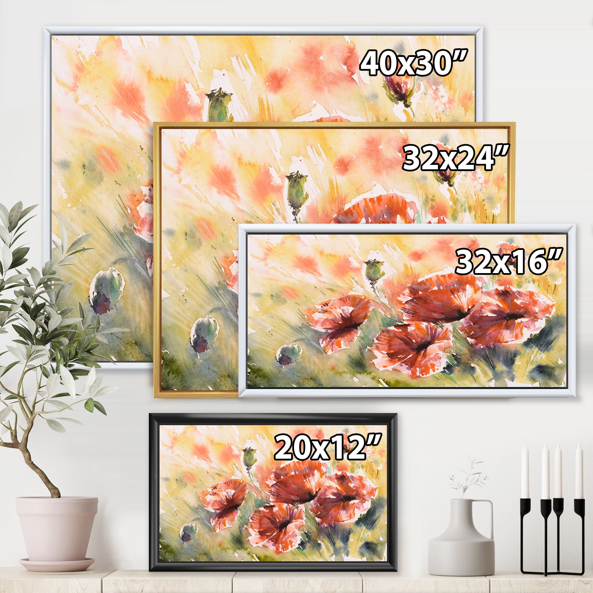 Abstract Red Poppy On A Field 32 in x 16 in Framed Painting Canvas Art Print, by Designart