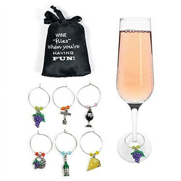 Hand-Painted Flowers & Insects Wine Glass Charms - Set Of 7 With Storage Bag