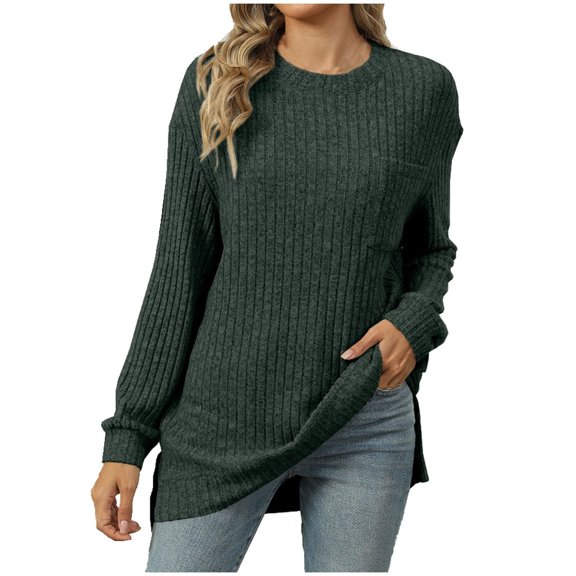 JUUNthy Womens Tunic Sweater, Long Sleeve Loose Fit Crewneck Fall Casual Pullover Ribbed Knit Tops Army Green M
