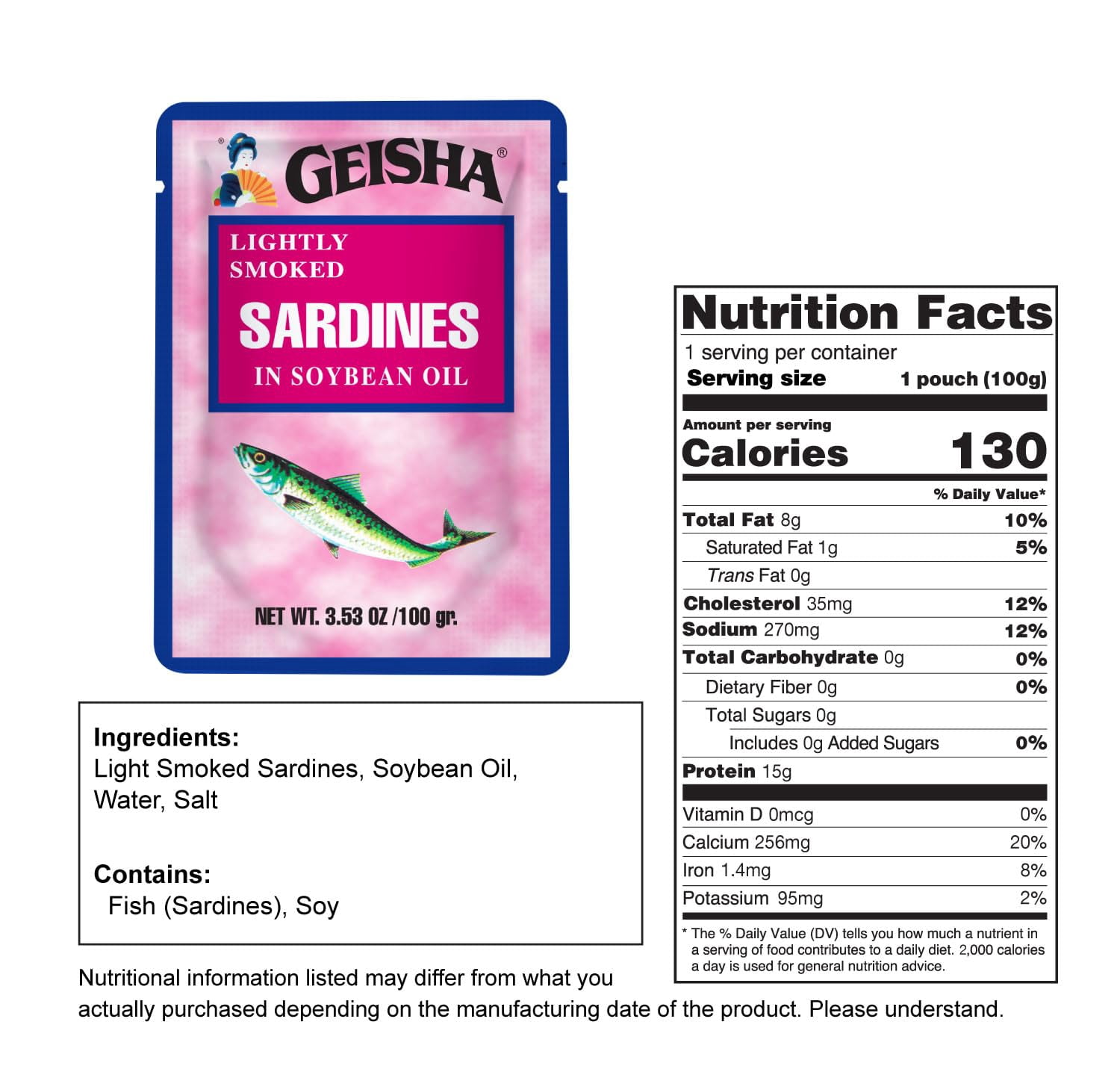 GEISHA Lightly Smoked Sardines in Soybean Oil 3.53oz (Pack of 24), Sardines| HALAL & Kosher Certified – Gluten Free – Wild Caught – Good Source of Protein