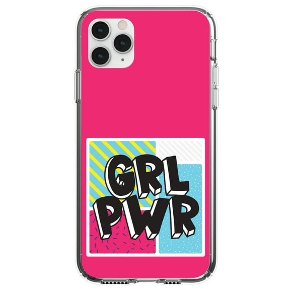 DistinctInk Clear Shockproof Hybrid Case for iPhone 13 (6.1" Screen) - TPU Bumper, Acrylic Back, Tempered Glass Screen Protector - Girl Power - GRL PWR - Pink Background